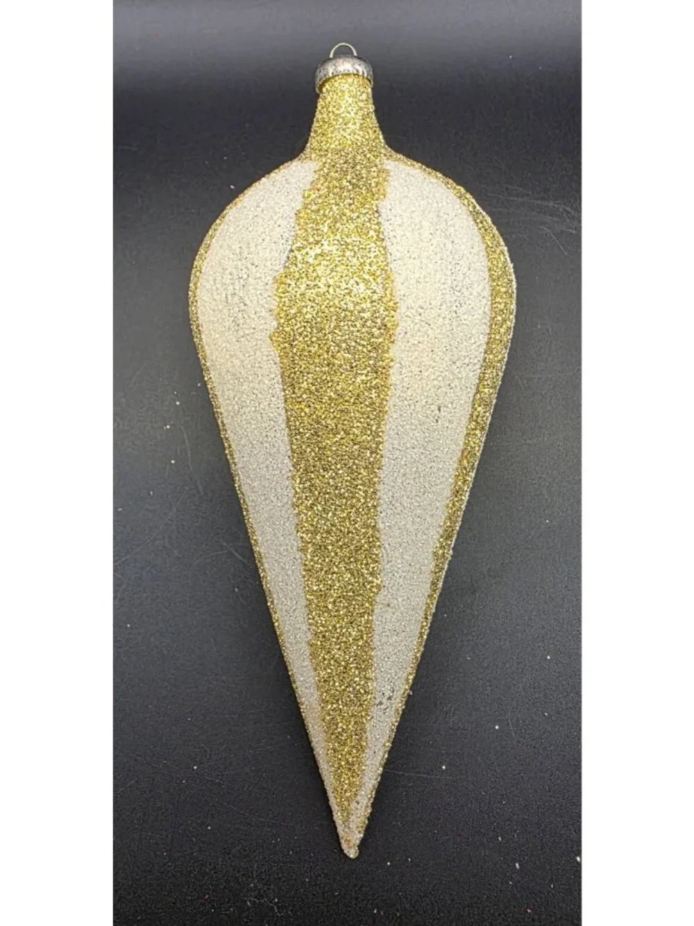 Vintage Jumbo Tear Drop Gold White Glitter Italian Collection Christmas Ornament